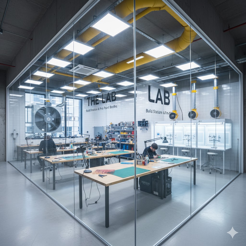 The Lab — glass-walled build stations and pro paint booths